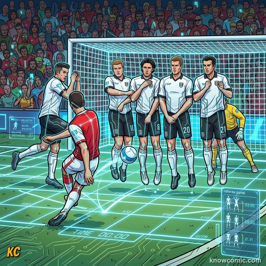 Comic panel titled the ball and the pitch are getting smarter, labelled smarter refereeing, from the KnowComic World Cup 2026 lesson on world cup 2030 & the future