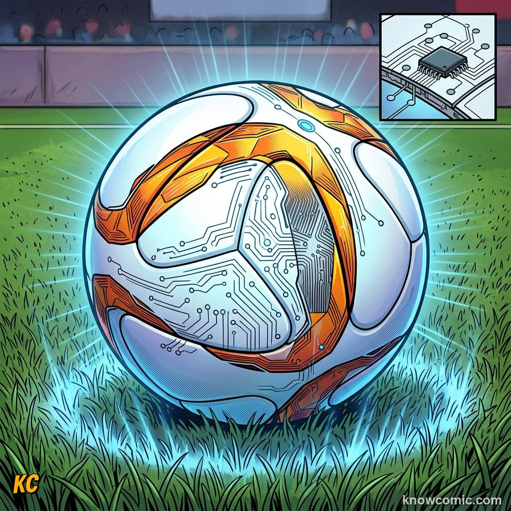 Comic panel titled the ball and the pitch are getting smarter, labelled the smart ball, from the KnowComic World Cup 2026 lesson on world cup 2030 & the future