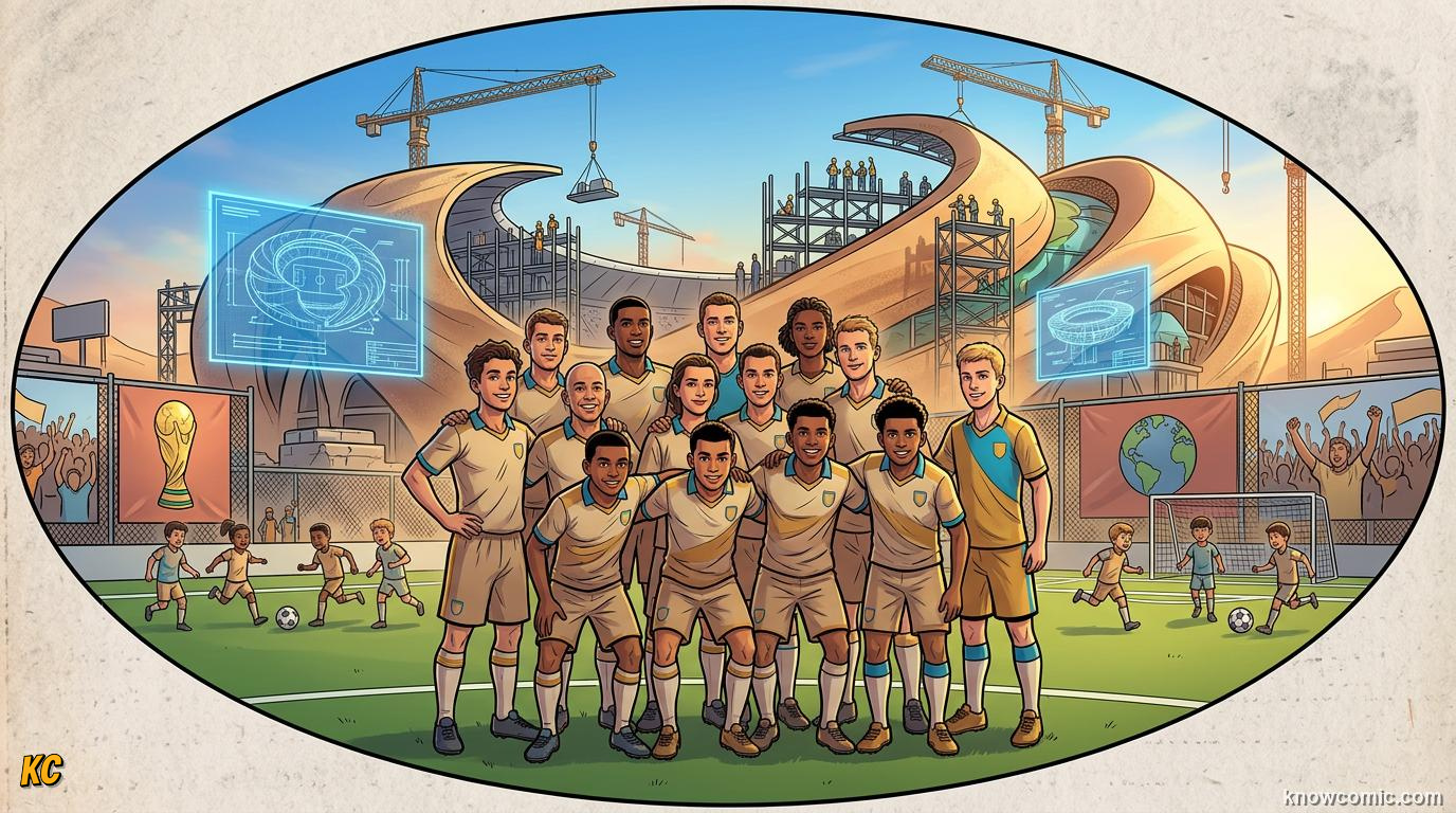 Comic panel titled the world cup keeps growing and travelling, labelled 2034 and beyond, from the KnowComic World Cup 2026 lesson on world cup 2030 & the future