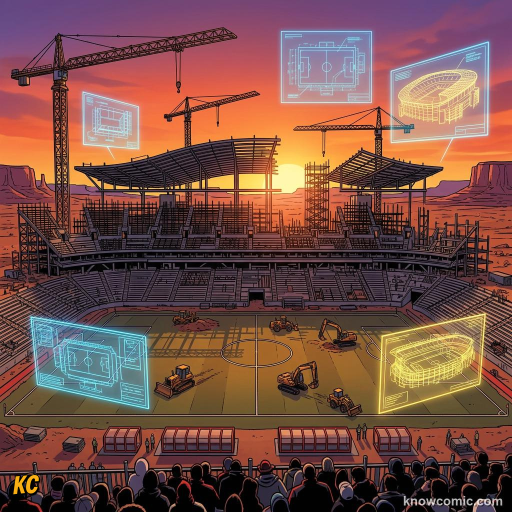 Comic panel titled you could be in the crowd or on the pitch, labelled 2034 host, from the KnowComic World Cup 2026 lesson on world cup 2030 & the future
