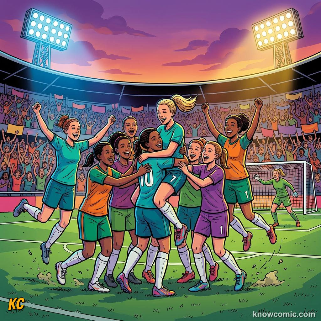Comic panel titled you could be in the crowd or on the pitch, labelled women's game grows, from the KnowComic World Cup 2026 lesson on world cup 2030 & the future