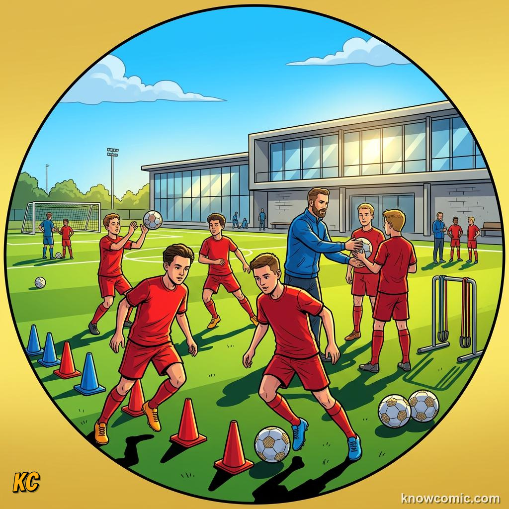 Comic panel titled you could be in the crowd or on the pitch, labelled building for tomorrow, from the KnowComic World Cup 2026 lesson on world cup 2030 & the future