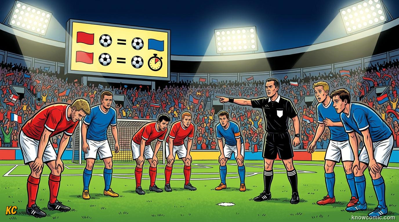 Comic panel titled when extra time is not enough, labelled still level, from the KnowComic World Cup 2026 lesson on penalty shootouts explained