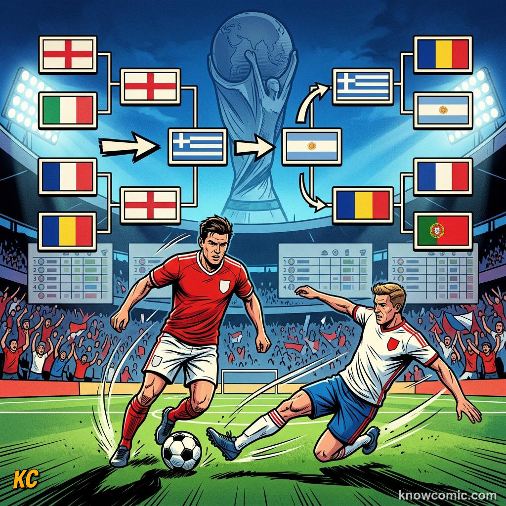 Comic panel titled how the shootout works, labelled knockout only, from the KnowComic World Cup 2026 lesson on penalty shootouts explained