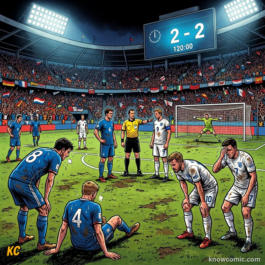 Comic panel titled how the shootout works, labelled after extra time, from the KnowComic World Cup 2026 lesson on penalty shootouts explained