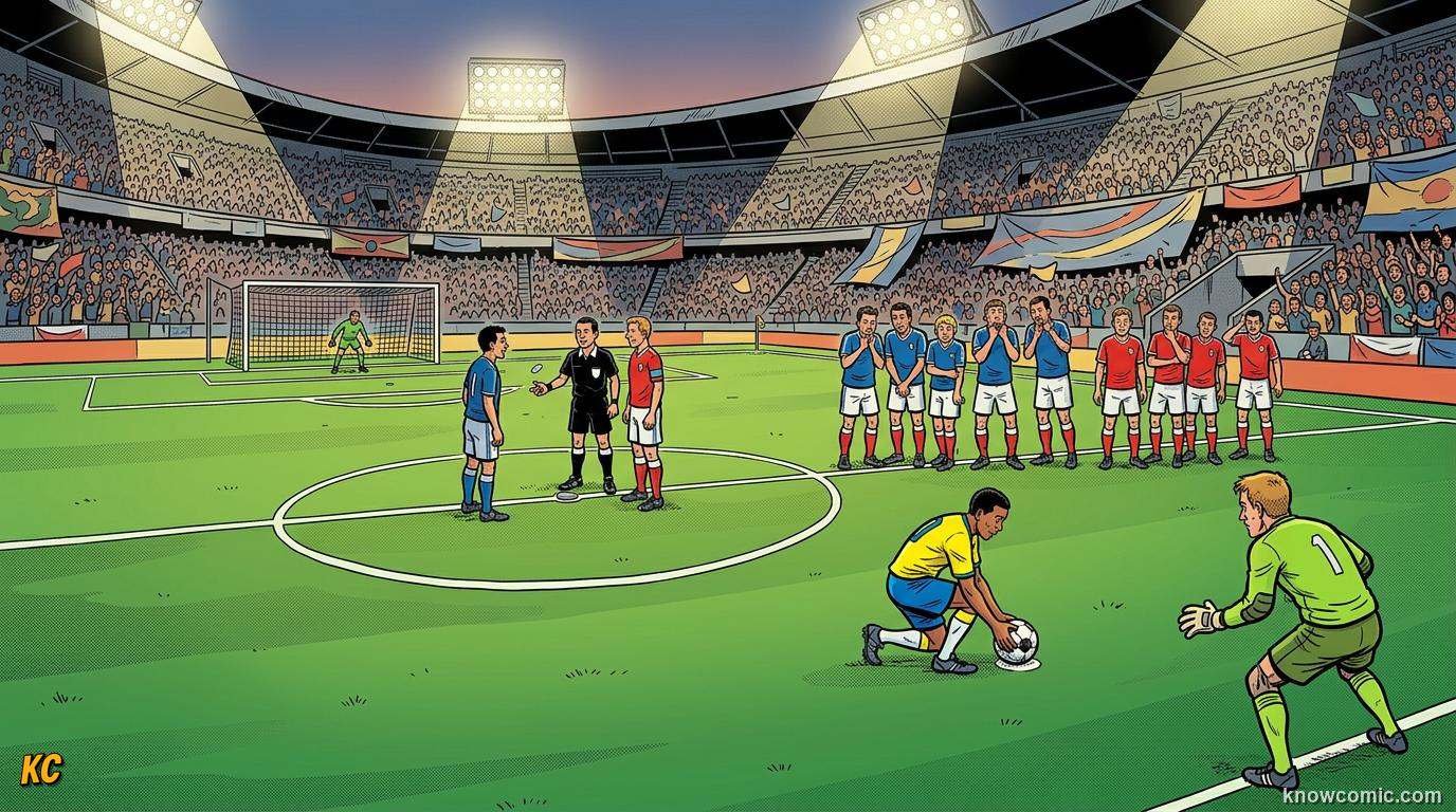 Comic panel titled how the shootout works, labelled five each side, from the KnowComic World Cup 2026 lesson on penalty shootouts explained