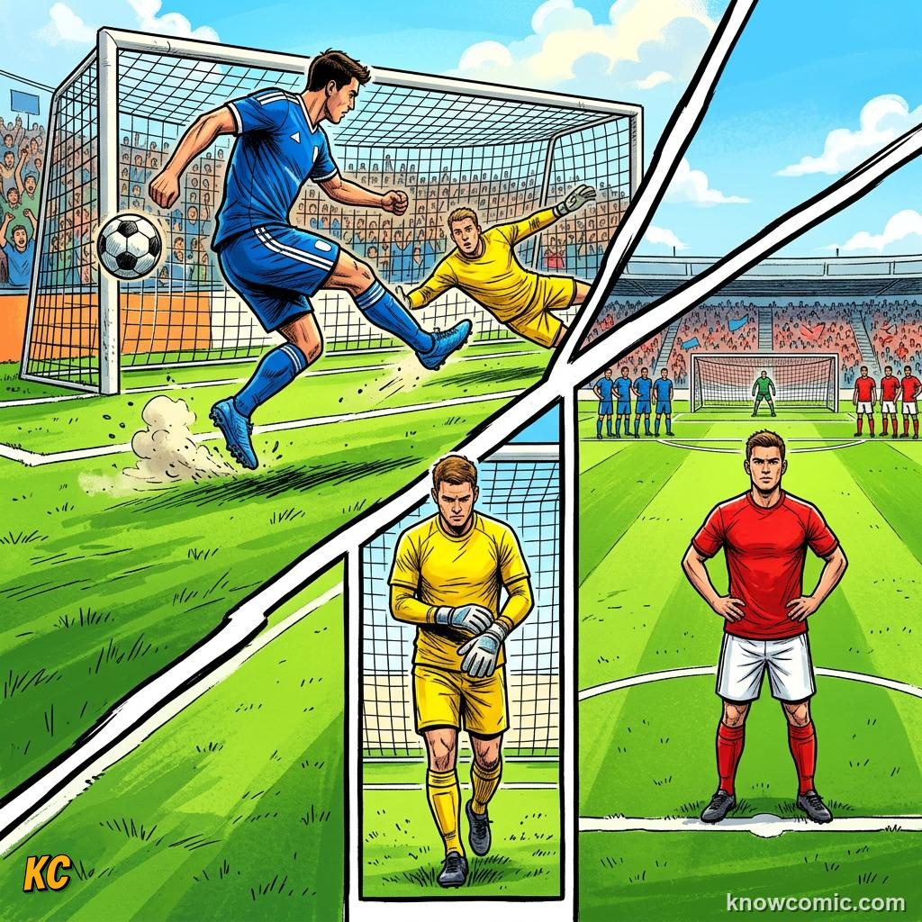 Comic panel titled the loneliest walk in football, labelled alternating, from the KnowComic World Cup 2026 lesson on penalty shootouts explained