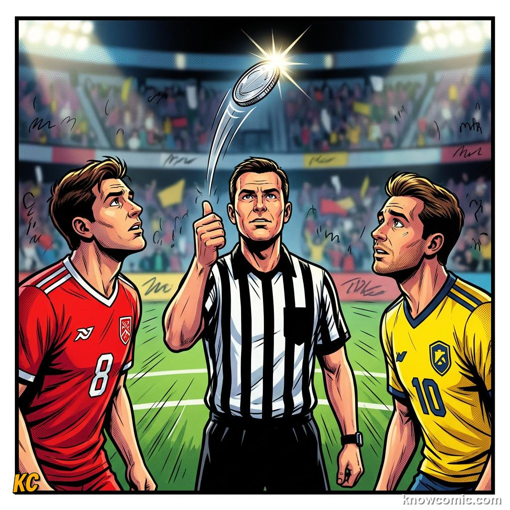 Comic panel titled the loneliest walk in football, labelled coin toss, from the KnowComic World Cup 2026 lesson on penalty shootouts explained