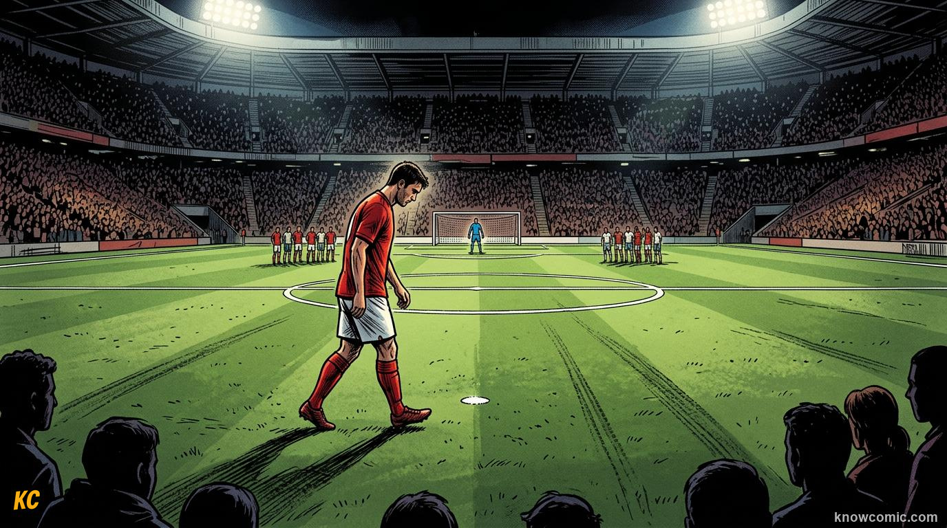 Comic panel titled the loneliest walk in football, labelled spot kick pressure, from the KnowComic World Cup 2026 lesson on penalty shootouts explained