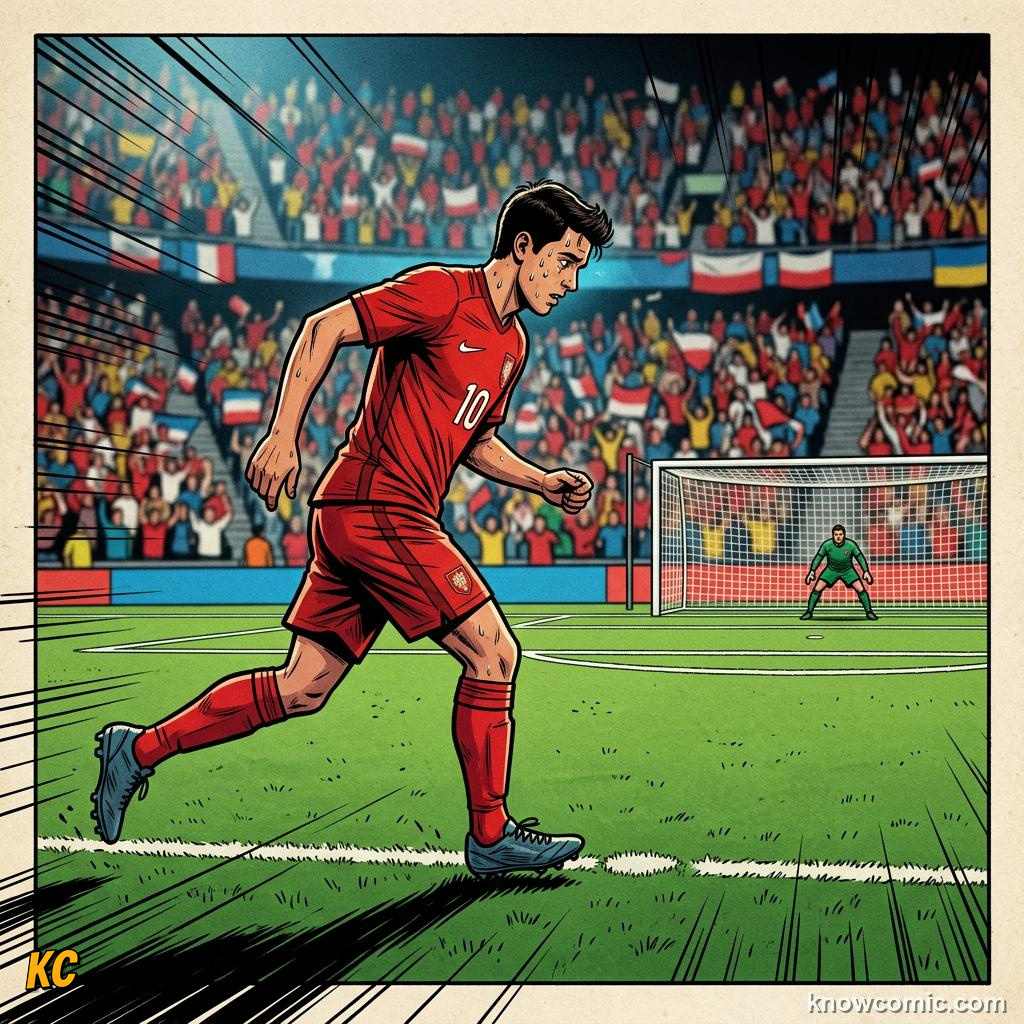 Comic panel titled the loneliest walk in football, labelled the run-up, from the KnowComic World Cup 2026 lesson on penalty shootouts explained