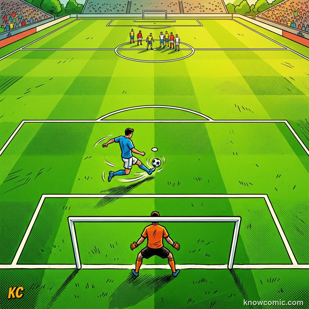 Comic panel titled the loneliest walk in football, labelled who is in the box, from the KnowComic World Cup 2026 lesson on penalty shootouts explained