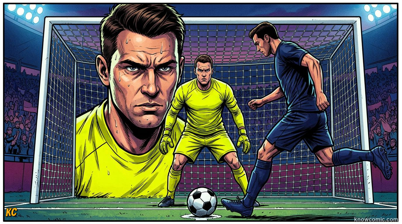 Comic panel titled the keeper's battle of wits, labelled read the shooter, from the KnowComic World Cup 2026 lesson on penalty shootouts explained