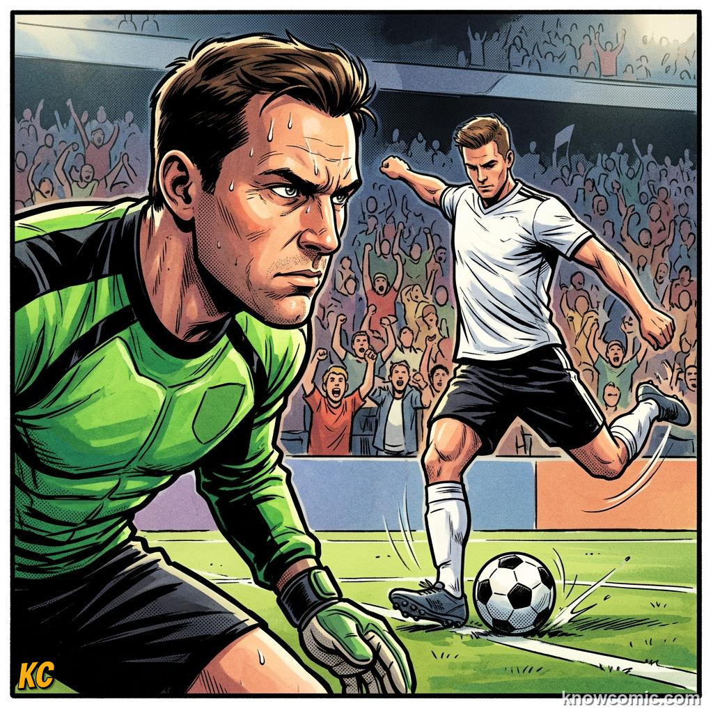 Comic panel titled the rules that control the drama, labelled body language, from the KnowComic World Cup 2026 lesson on penalty shootouts explained