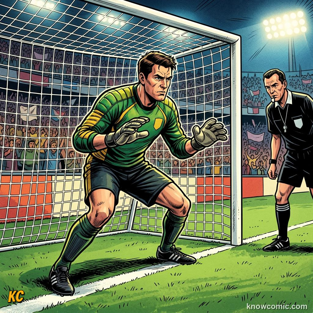 Comic panel titled the rules that control the drama, labelled on the line, from the KnowComic World Cup 2026 lesson on penalty shootouts explained