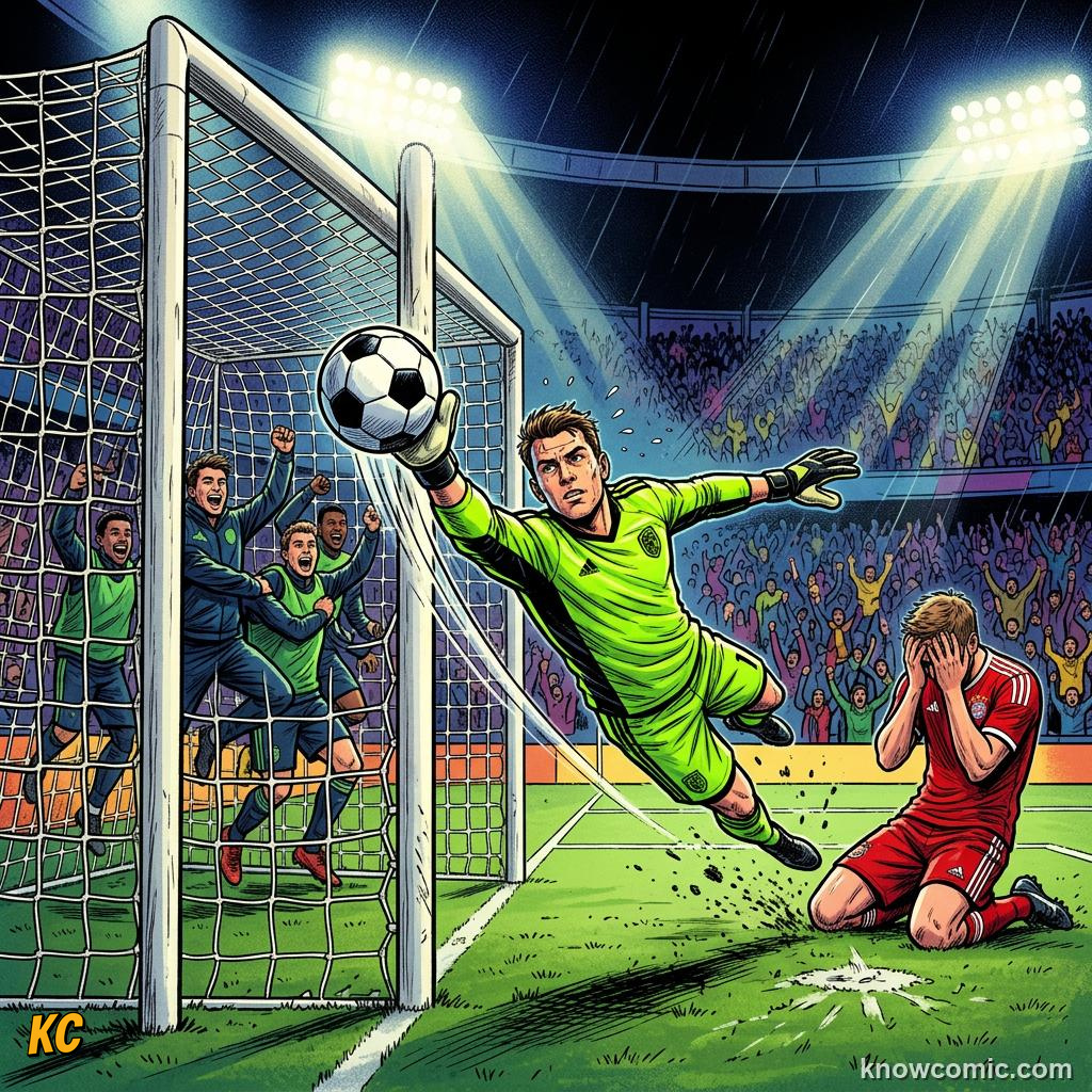 Comic panel titled the rules that control the drama, labelled hero save, from the KnowComic World Cup 2026 lesson on penalty shootouts explained