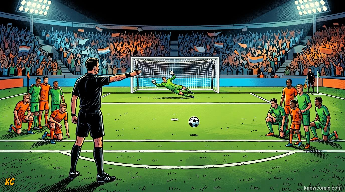 Comic panel titled the rules that control the drama, labelled shootout rules, from the KnowComic World Cup 2026 lesson on penalty shootouts explained