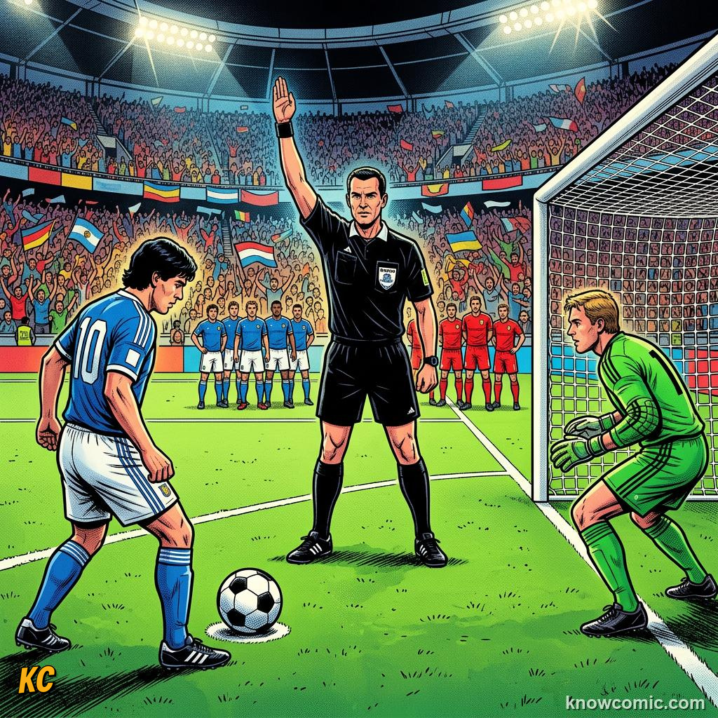 Comic panel labelled ref in charge, illustrating penalty shootouts explained in KnowComic's World Cup 2026 series