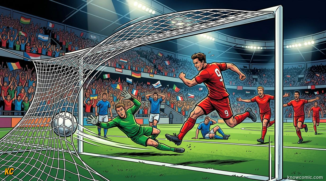 Comic panel titled the whole ball, the whole line, labelled cross the line, from the KnowComic World Cup 2026 lesson on goals, assists & own goals