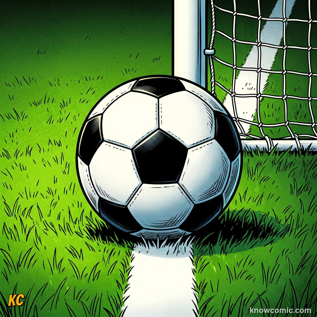 Comic panel titled the pass before the goal, labelled on the line, from the KnowComic World Cup 2026 lesson on goals, assists & own goals