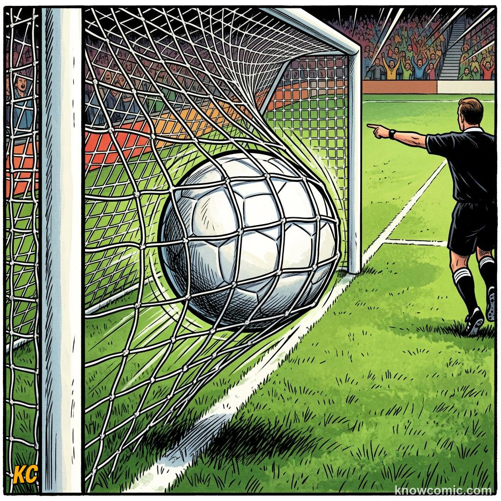 Comic panel titled the pass before the goal, labelled in the net, from the KnowComic World Cup 2026 lesson on goals, assists & own goals