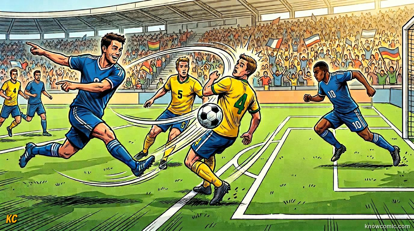 Comic panel titled the pass before the goal, labelled set it up, from the KnowComic World Cup 2026 lesson on goals, assists & own goals