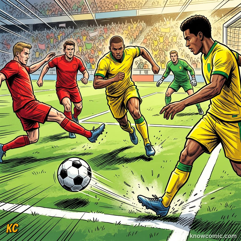 Comic panel titled scoring for the other team, labelled the final pass, from the KnowComic World Cup 2026 lesson on goals, assists & own goals
