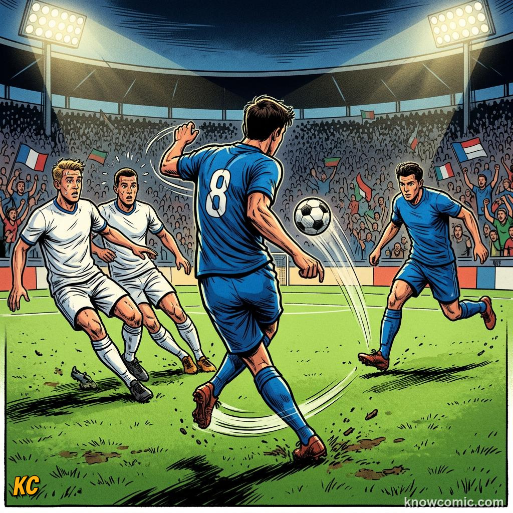 Comic panel titled scoring for the other team, labelled creative setup, from the KnowComic World Cup 2026 lesson on goals, assists & own goals