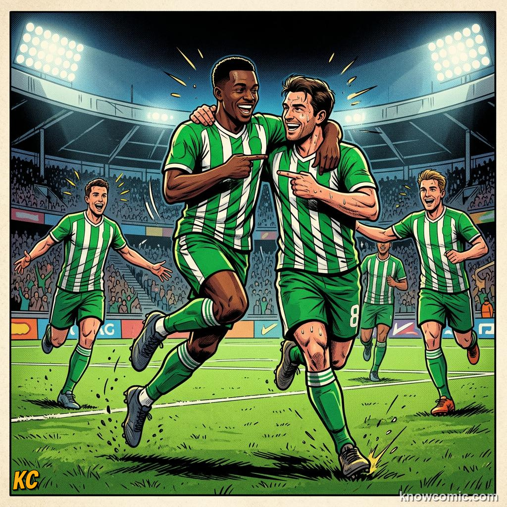 Comic panel titled scoring for the other team, labelled share the credit, from the KnowComic World Cup 2026 lesson on goals, assists & own goals