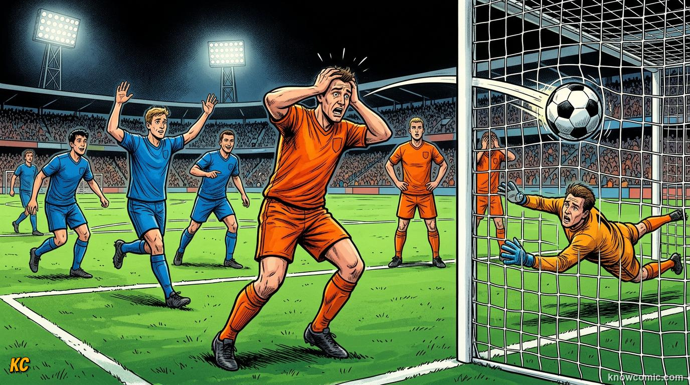 Comic panel titled scoring for the other team, labelled wrong net, from the KnowComic World Cup 2026 lesson on goals, assists & own goals