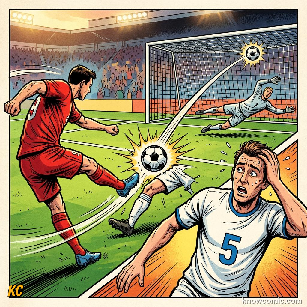 Comic panel titled scoring for the other team, labelled deflection, from the KnowComic World Cup 2026 lesson on goals, assists & own goals