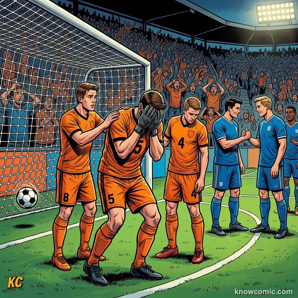 Comic panel titled scoring for the other team, labelled oops moment, from the KnowComic World Cup 2026 lesson on goals, assists & own goals