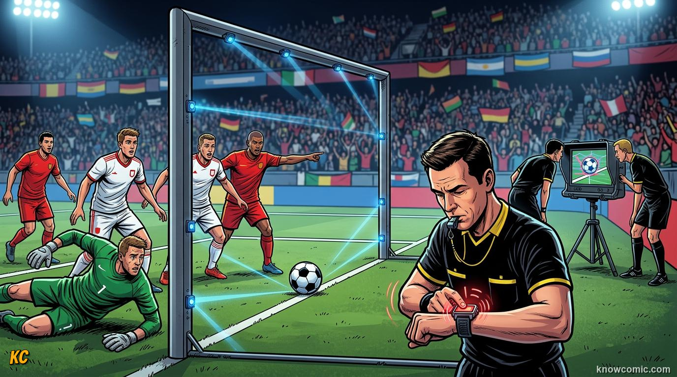 Comic panel titled cameras watch the line, labelled millimeter perfect, from the KnowComic World Cup 2026 lesson on goals, assists & own goals