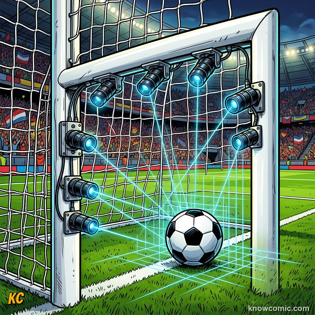 Comic panel titled how goals change the game, labelled hawkeye cameras, from the KnowComic World Cup 2026 lesson on goals, assists & own goals