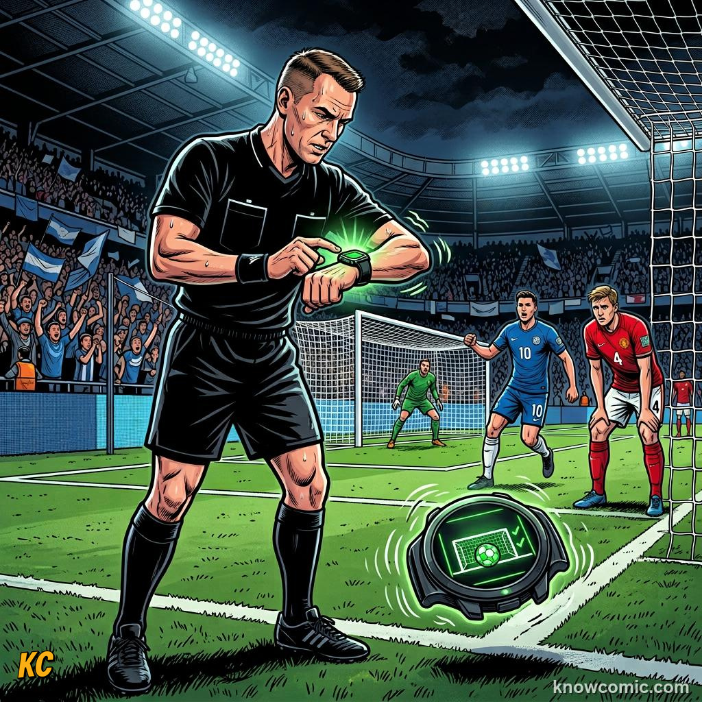 Comic panel titled how goals change the game, labelled wrist signal, from the KnowComic World Cup 2026 lesson on goals, assists & own goals