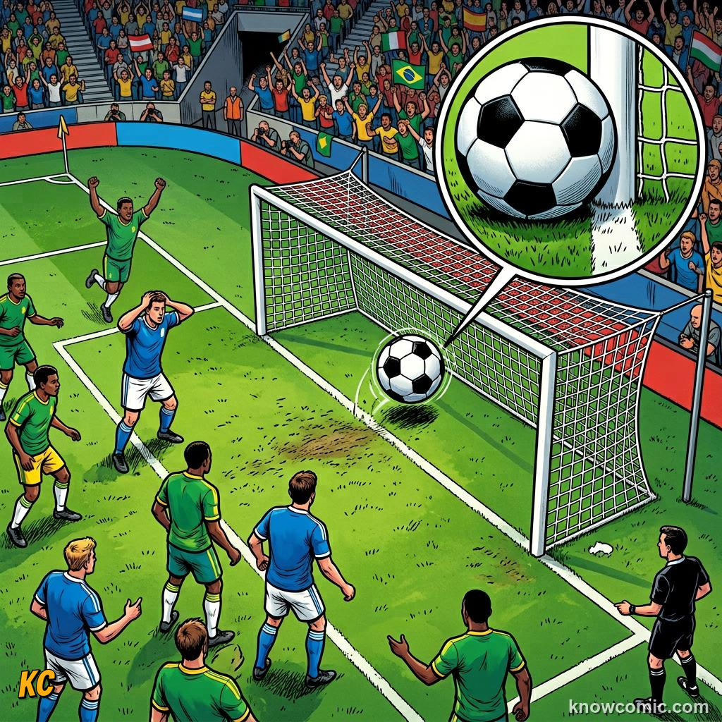 Comic panel titled how goals change the game, labelled close call, from the KnowComic World Cup 2026 lesson on goals, assists & own goals