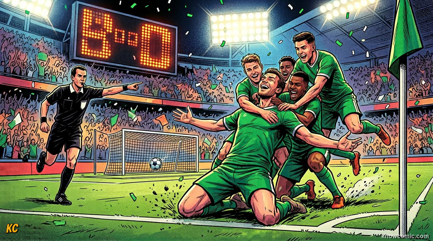 Comic panel titled how goals change the game, labelled on the board, from the KnowComic World Cup 2026 lesson on goals, assists & own goals
