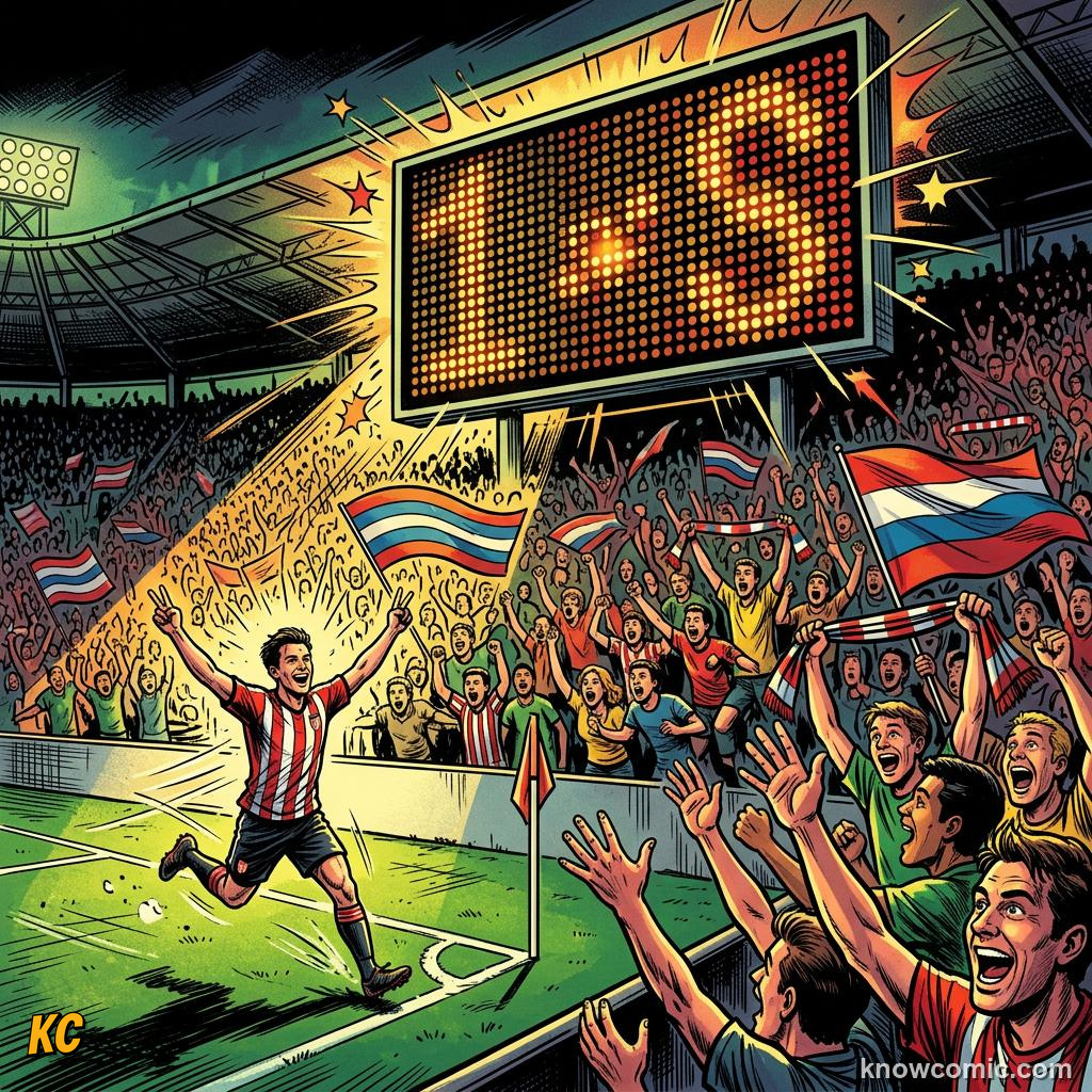 Comic panel labelled the scoreboard, illustrating goals, assists & own goals in KnowComic's World Cup 2026 series