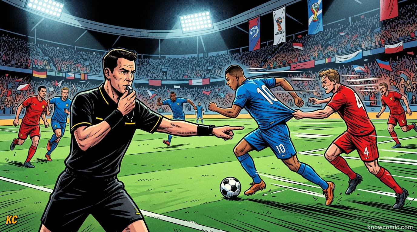 Comic panel titled what is the advantage rule, labelled keep it moving, from the KnowComic World Cup 2026 lesson on advantage & play on