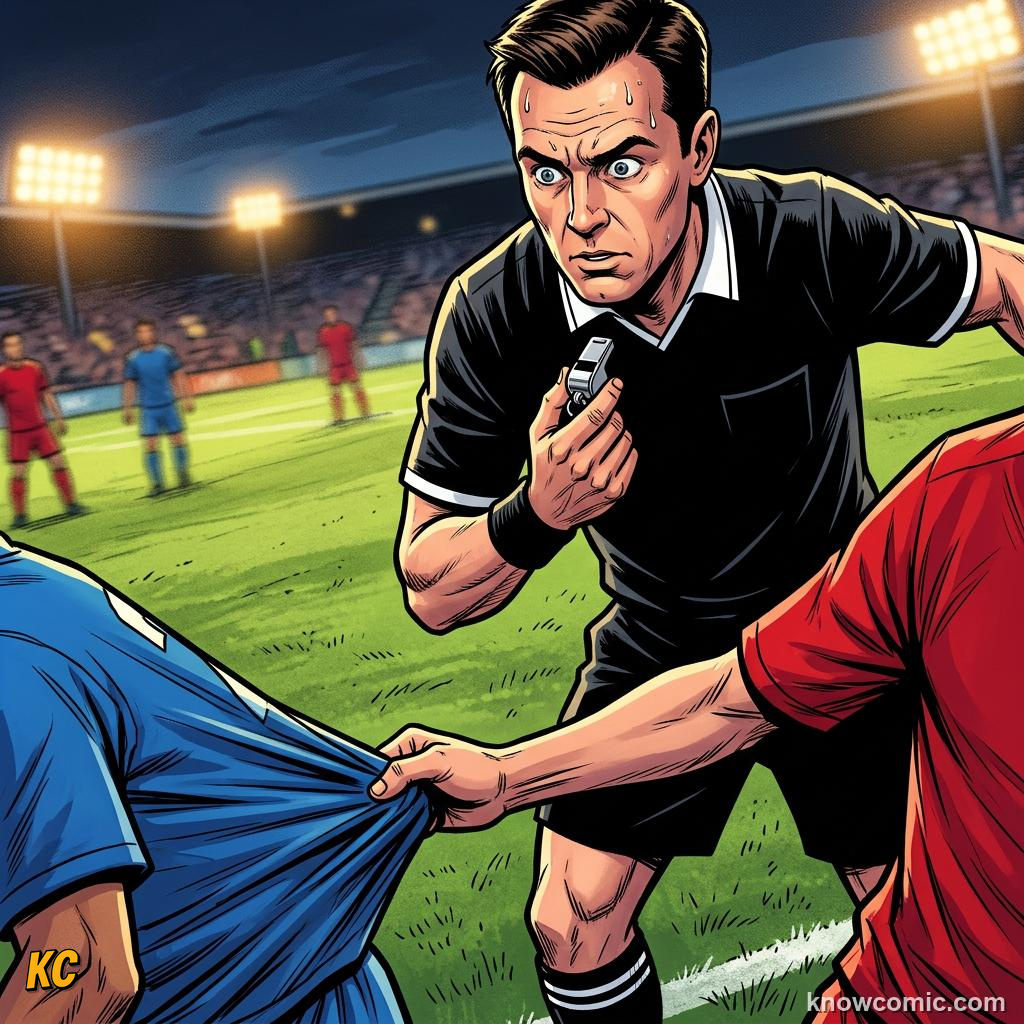 Comic panel titled stopping can punish the wrong team, labelled foul spotted, from the KnowComic World Cup 2026 lesson on advantage & play on