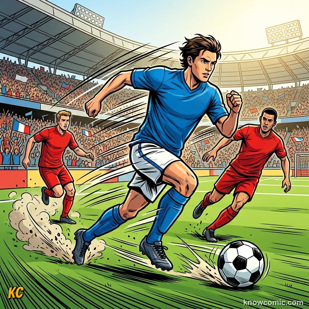 Comic panel titled stopping can punish the wrong team, labelled no whistle yet, from the KnowComic World Cup 2026 lesson on advantage & play on