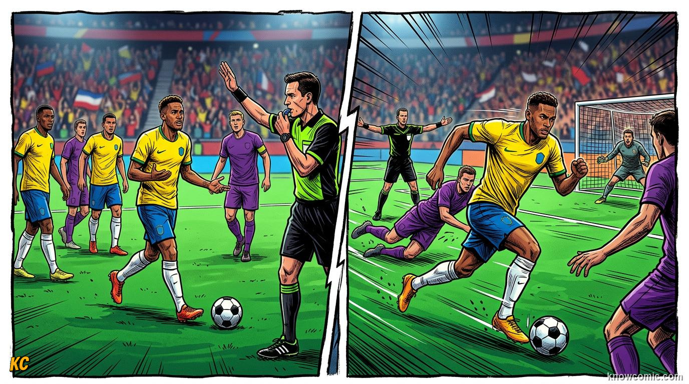 Comic panel titled stopping can punish the wrong team, labelled fairness over formality, from the KnowComic World Cup 2026 lesson on advantage & play on