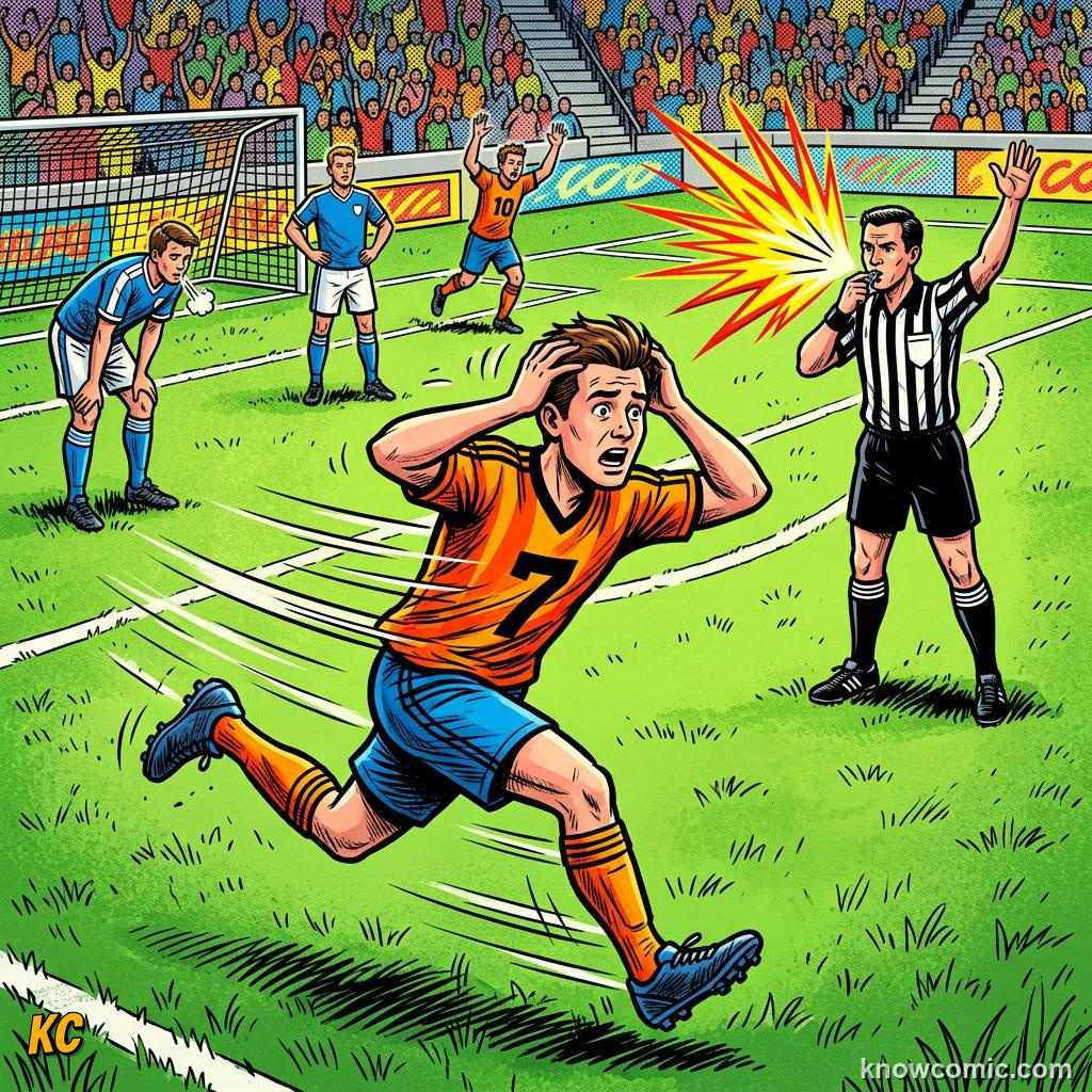 Comic panel titled the play on signal, labelled momentum lost, from the KnowComic World Cup 2026 lesson on advantage & play on
