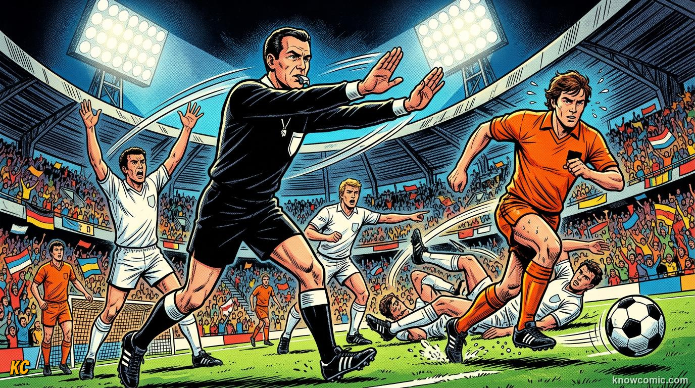 Comic panel titled the play on signal, labelled read the referee, from the KnowComic World Cup 2026 lesson on advantage & play on
