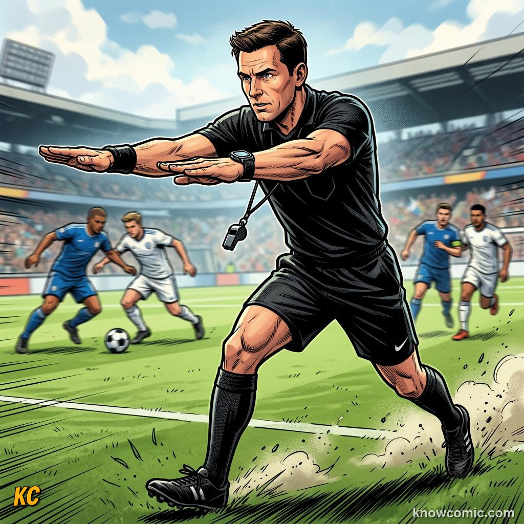 Comic panel titled the play on signal, labelled arms out, from the KnowComic World Cup 2026 lesson on advantage & play on