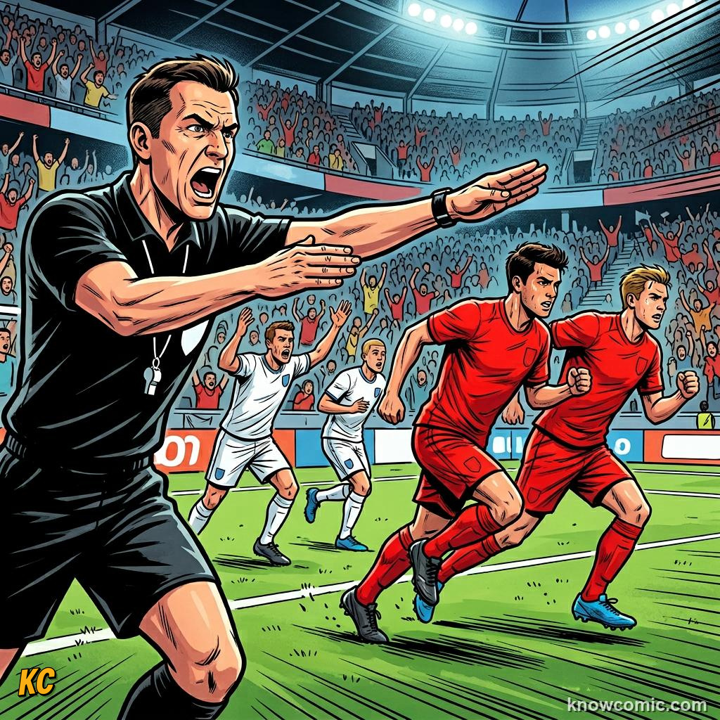 Comic panel titled the play on signal, labelled loud and clear, from the KnowComic World Cup 2026 lesson on advantage & play on