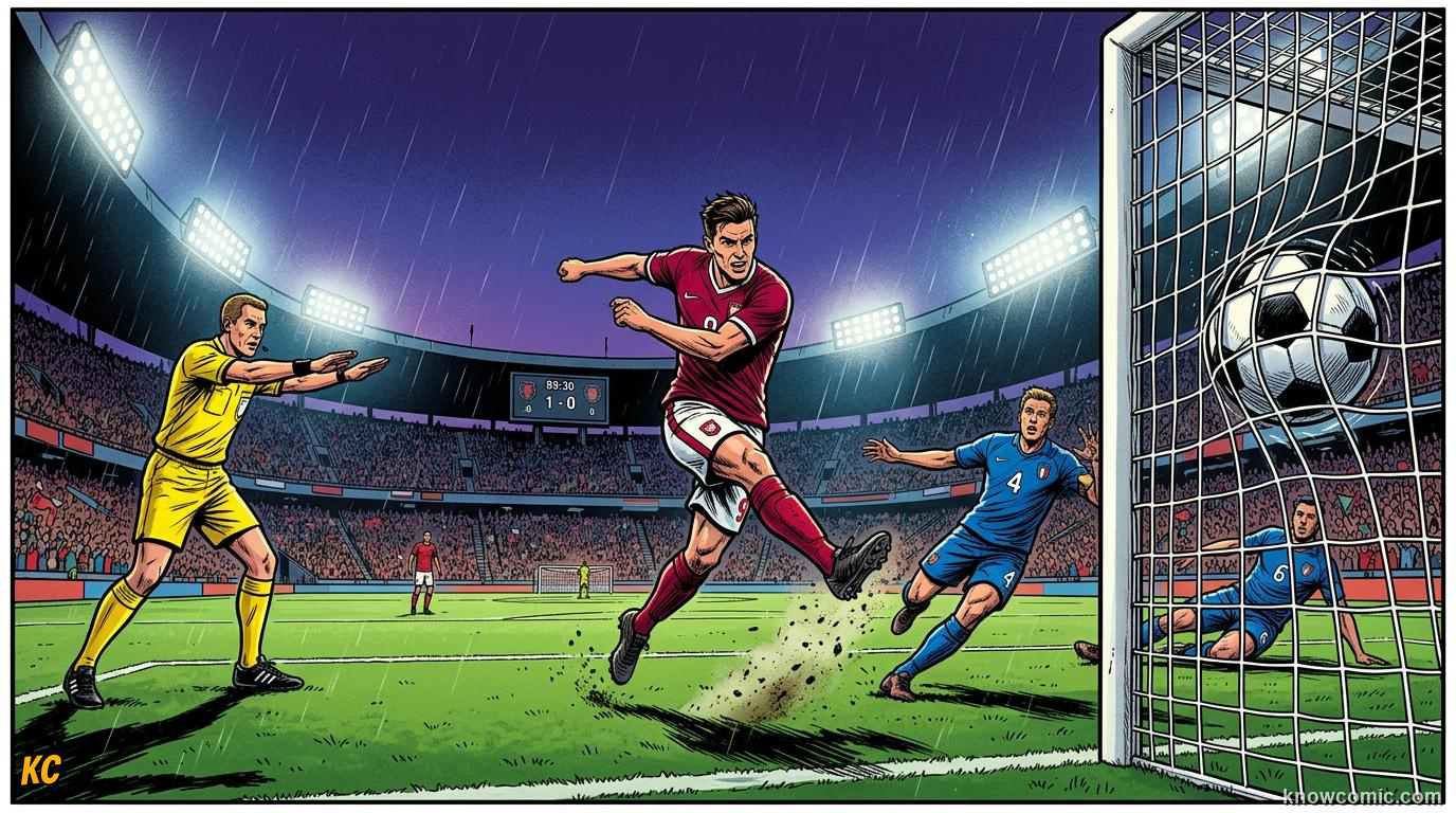 Comic panel titled advantage does not last forever, labelled the window closes, from the KnowComic World Cup 2026 lesson on advantage & play on