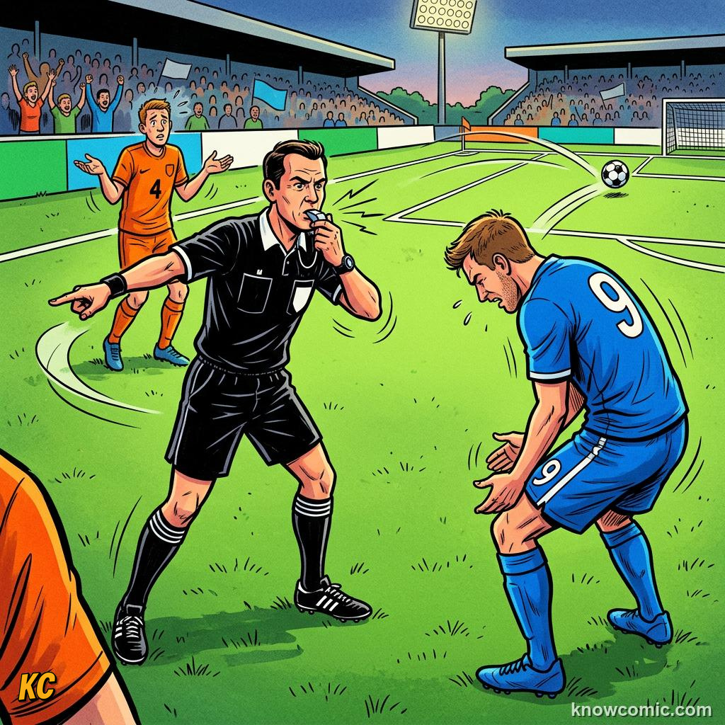 Comic panel titled advantage does not forgive everything, labelled chance gone, from the KnowComic World Cup 2026 lesson on advantage & play on