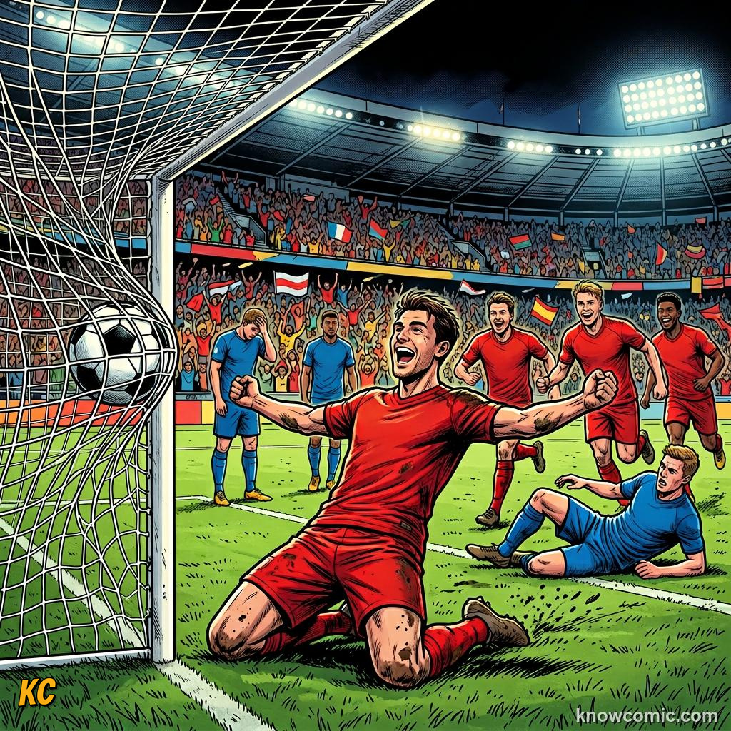 Comic panel titled advantage does not forgive everything, labelled goal scored, from the KnowComic World Cup 2026 lesson on advantage & play on