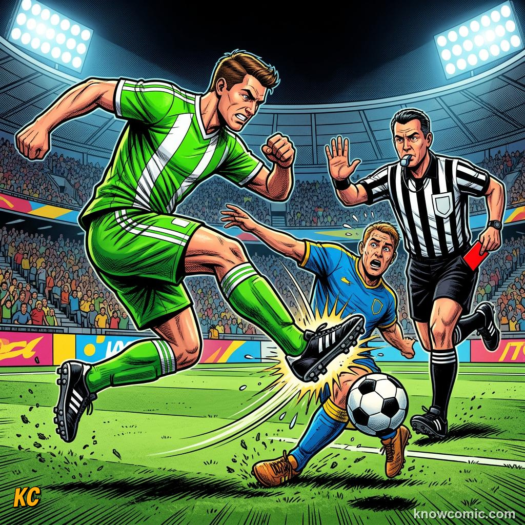 Comic panel titled advantage does not forgive everything, labelled red card foul, from the KnowComic World Cup 2026 lesson on advantage & play on