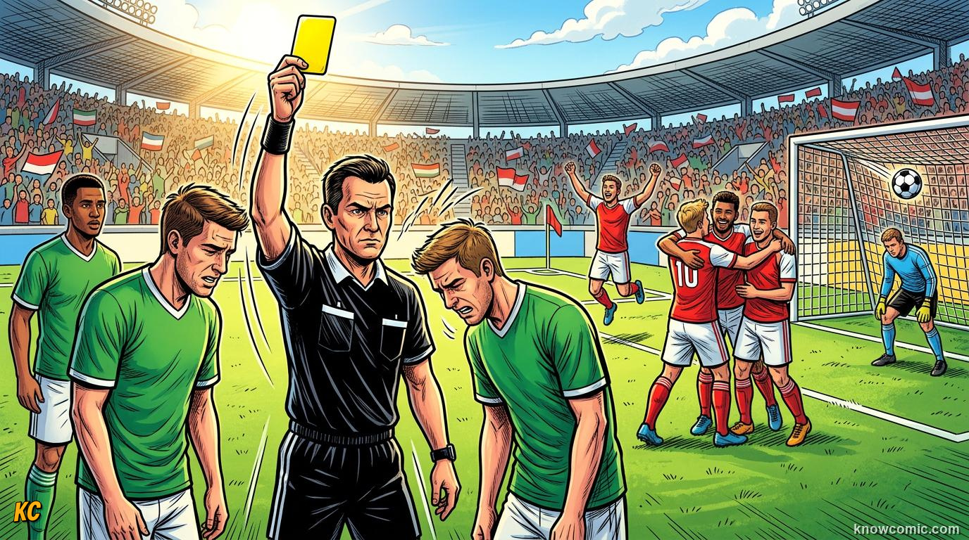 Comic panel titled advantage does not forgive everything, labelled still a foul, from the KnowComic World Cup 2026 lesson on advantage & play on